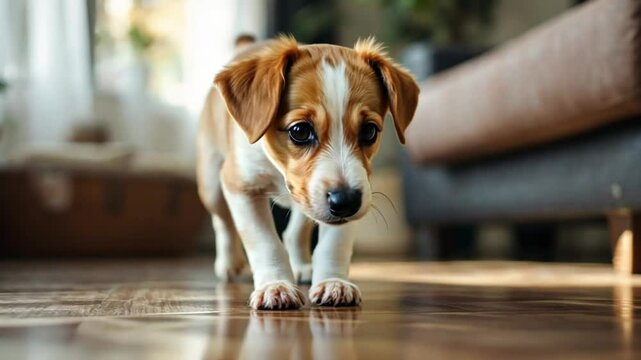 Cute Puppy Taking Its First Steps Indoors in a Cozy Home
