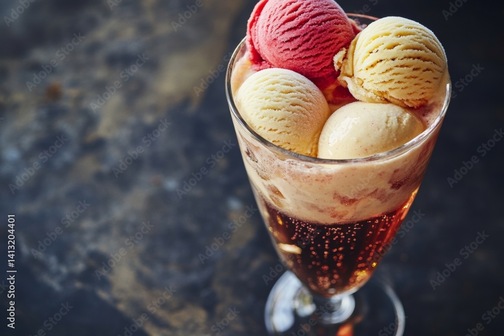 Poster delightful sorbet float showcases colorful scoops of sorbet in a sparkling glass filled with soda, c