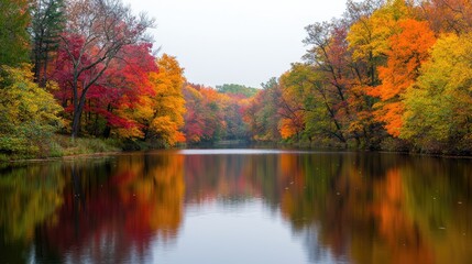 Fototapeta premium Autumnal lake reflects vibrant foliage