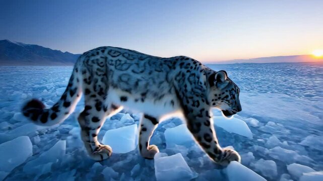 snow leopard walk on snow with side view