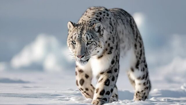 snow leopard walk on snow with front view