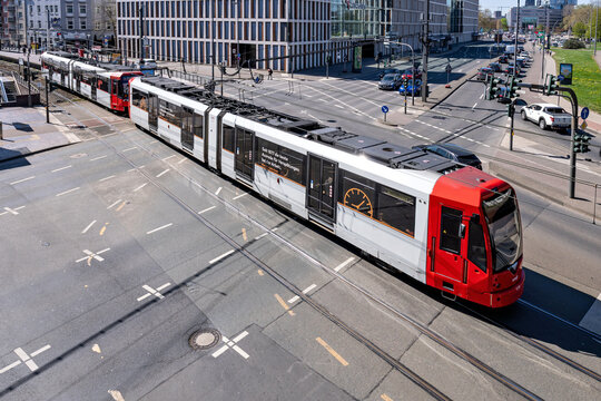 Cologne, Germany - April 5, 2025: K&ouml;lner Verkehrs-Betriebe KVB Bombardier Flexity Swift K5000 tram