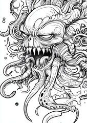 Fototapeta premium Alien Deep Sea Creatures Grayscale Coloring Page