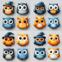 Fototapeta premium Set of tiny enchanted owls