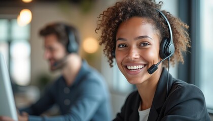 A smiling woman with curly hair, wearing a headset, exudes positivity while assisting customers in a modern office environment. Her engaging demeanor reflects professionalism and warmth, making her an