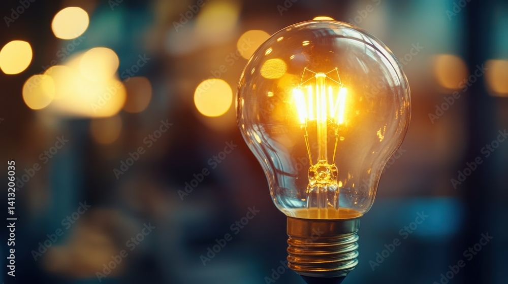 Poster bright abstract light bulb glowing in dark environment with bokeh
