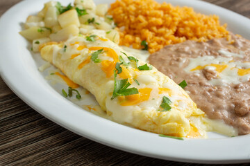 A closeup view of a Mexican omelet entree.
