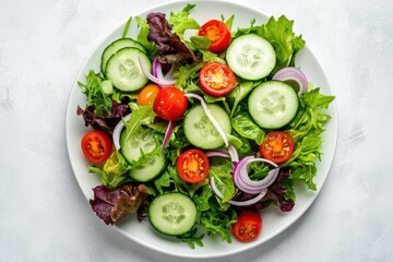 Fresh garden salad with cucumbers tomatoes and onions on white plate