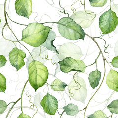 Square seamless pattern with watercolor detailed ivy leaves, on white background. Leafy design for wallpapers, wrapping papers, textile.