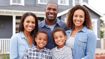 Happy Family in Front of Their New Home - A happy Black family of five smiles proudly in front of their new house. Homeownership, family, and joy are depicted