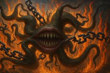 Abstract art , Evil mouth and fire burning background , angry mood , epic background.