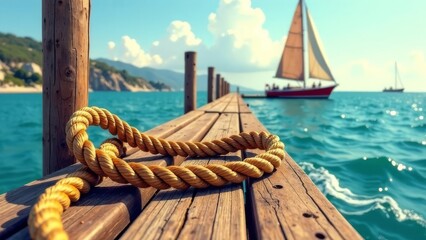 Obraz premium Close-up of a rope on an old wooden pier. A sailboat is in the distance at sea
