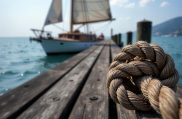 Obraz premium Close-up of an old rope on an old wooden pier. A sailboat is in the distance at sea