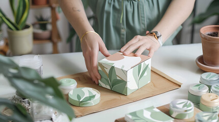 Woman's hands assembling a botanical print box with matching jars and plants on a white table