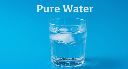 Glass of fresh water with condensation, centered on blue background, close-up shot, Pure Water text above glass, Earth Day