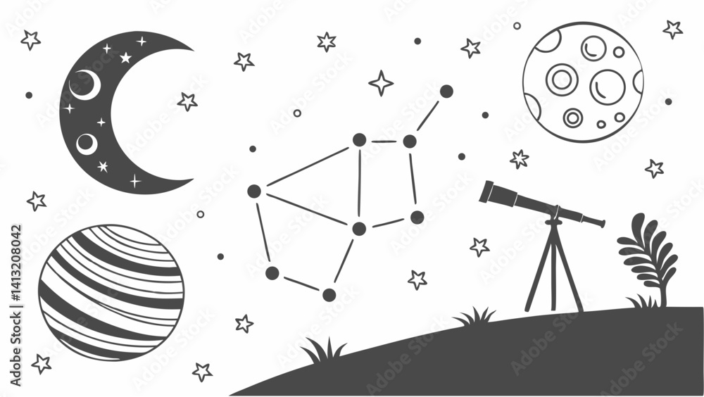 Wall mural exploring the night sky a celestial journey with moon stars planets and a telescope in a simple
