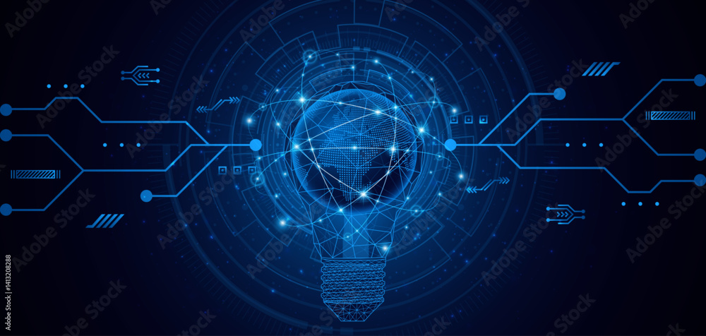 Poster electric light bulb or creative light bulb with a globe or world map inside. global internet connect