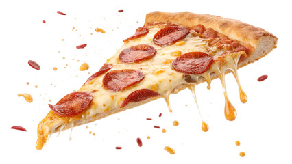 Pepperoni Pizza Slice with Melting Cheese and Toppings Isolated on White Background – Flying Food Concept