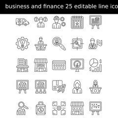 Business Finance 25 editable Icons Pack Lineal Style Vector illustration.