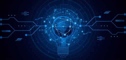Electric light bulb or creative light bulb with a globe or world map inside. Global internet connection concept for business Advanced digital technology

