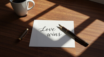 Cozy desk setting, handwritten &ldquo;Love wins&rdquo; on white card with pen nearby, daylight window light, top-down angle, love wins handwritten card