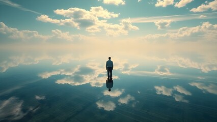 Fototapeta premium Celestial Reflection Solitary Figure on Mirrored Waters
