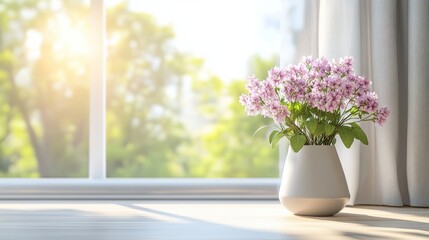 Beautiful pink flowers in a bright room with sunlight and greenery