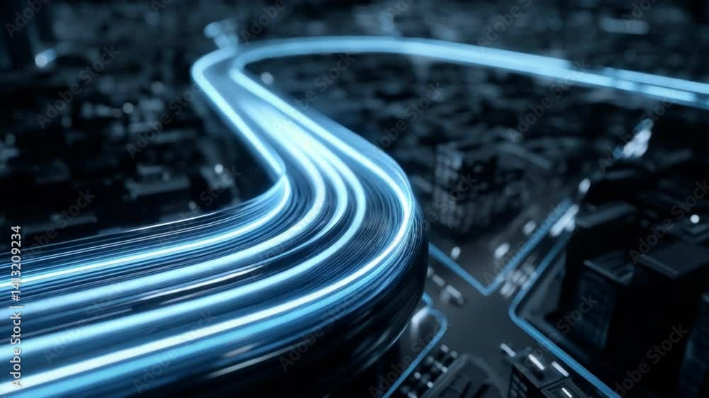 Aufkleber data highway: a stylized depiction of a digital data stream traversing a cityscape at high speed, sy