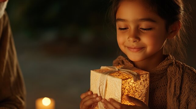 generational bonding, a little girl in a pretty eid outfit getting eidi from her grandpa, both smiling warmly in a cozy home with natural light