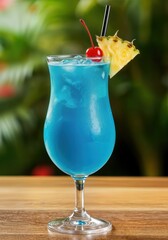 A vertical image of Blue Hawaiian in a hurricane glass with blue curaçao and cream.