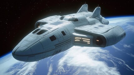 Spacecraft gliding through the cosmos above Earth planet