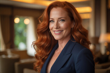 Obraz premium A confident redhead exudes elegance and warmth in a luxurious setting, showcasing a radiant smile and rich auburn waves against a softly blurred background.