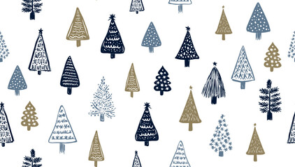 Christmas white tree pattern on white, hand drawn illustration on white	
