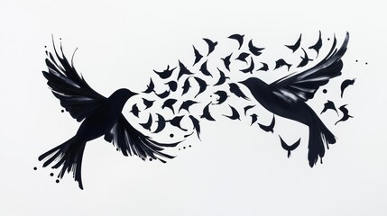 Fototapeta premium A creative illustration of two birds interacting through a flurry of smaller birds, symbolizing connection and freedom.