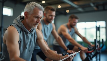 Fototapeta premium An older man with gray hair intently reviews his workout stats on a tablet, flanked by two younger men cycling vigorously. This dynamic scene captures the essence of fitness and determination