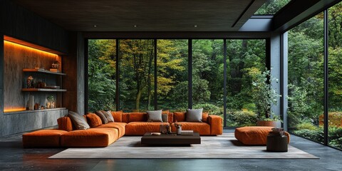Fototapeta premium Luxurious living room with an orange sectional sofa and serene forest view through large windows