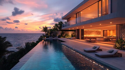 Fototapeta premium Luxurious Villa With Infinity Pool Overlooking The Ocean At Sunset A Photo