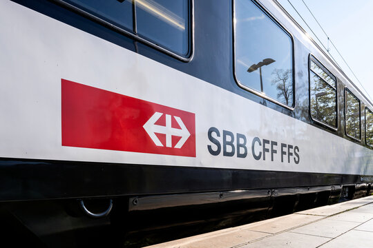 Cologne, Germany - April 5, 2025: SBB Swiss Federal Railways logo at EuroCity train