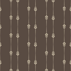 Ornament of dots and flowers in brown shades. Pattern of beige dots and leaves. Decorative elements are placed in stripes on a brown background. Vector seamless pattern. 