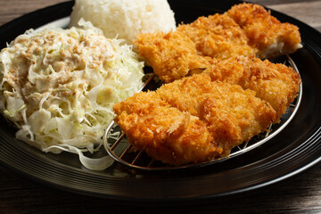 A closeup view of a fish katsu entree.