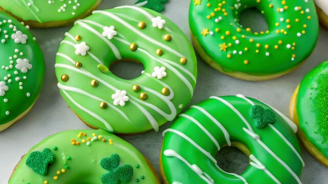 Vibrant St. Patrick's Day Green Donuts with Festive Frosting Sprinkles, and Glossy Glaze Animation Video Background 4k clip