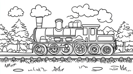 Black and white train coloring page illustration