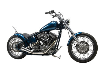 Fototapeta premium Custom Chopper Motorcycle: Blue Bobber Bike for Sale