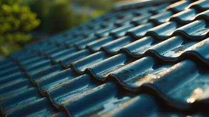 Roofing contractor replacing roof tiles on commercial building. Featuring tile replacement