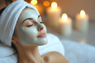 Woman relaxing with a facial mask, eyes closed in a peaceful spa setting illuminated by soft candlelight, embodying tranquility.