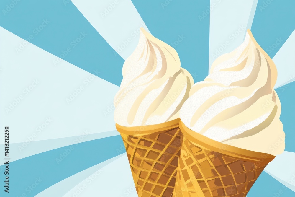 Poster two ice cream cones with vanilla soft serve sit against a backdrop of blue and white stripes, evokin