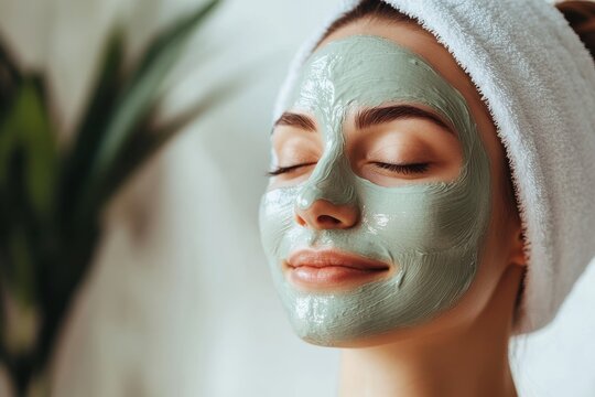 Woman with facial mask and towel enjoying relaxation and skincare routine for pampering and beauty, eyes closed, feeling refreshed and serene.