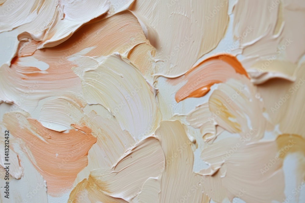 Poster macro view of an artwork with heavy impasto paint strokes in shades of peach, cream, and white, crea