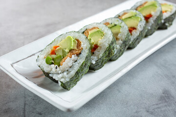 A closeup view of a veggie roll.