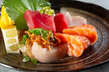 A view of a plate of sashimi.